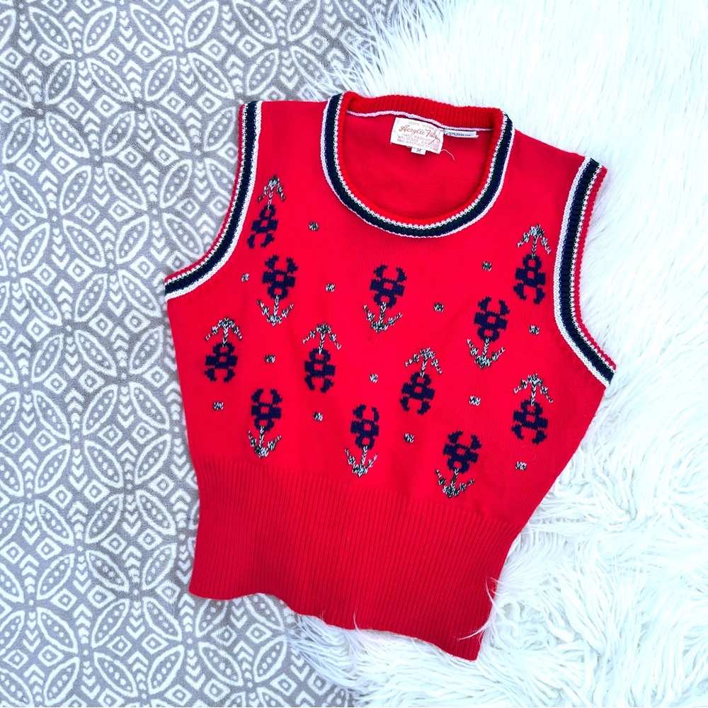 Women’s Red Flower Print Vintage Sweater Vest M 100% Virgin Acrylic